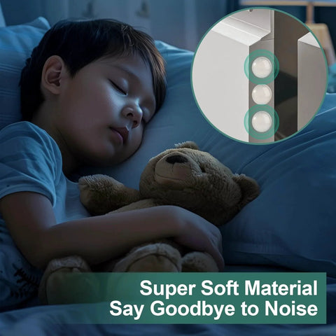 Sleeping child with teddy bear and inset image of 100 Pieces Clear Self Adhesive Cabinet Door Bumpers 0.4 Inch Diameter Rubber Dots