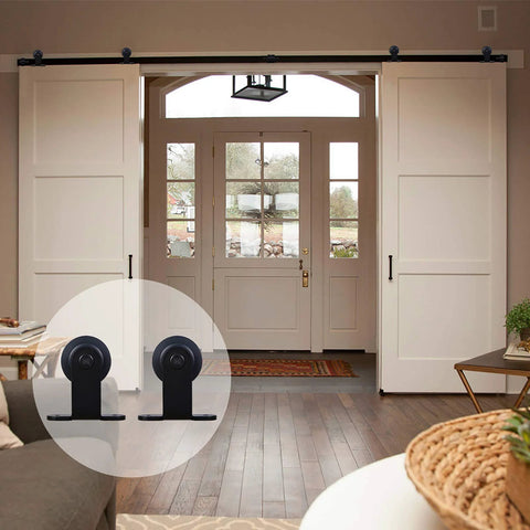 9Ft Sliding Barn Door Hardware Kit With Heavy Duty T Shaped Track In Black for Double Doors in Living Room