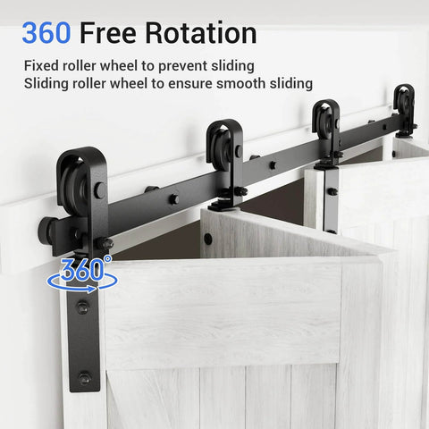 Bi Folding Sliding Barn Door Hardware Kit For Four Doors, 48 Inch Black Track With J Shape Rollers, Heavy Duty Steel Hangers