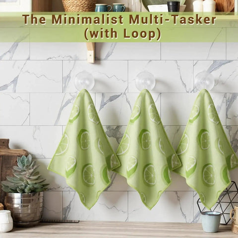 Green microfiber cleaning cloths with lime pattern hanging on kitchen tiles.