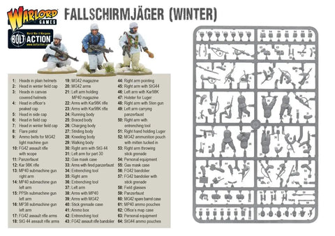 Winter Fallschirmjaeger Bolt Action Platoon Miniatures Pack, unpainted 28mm WW2 German Paratroopers model sprue and assembly guide
