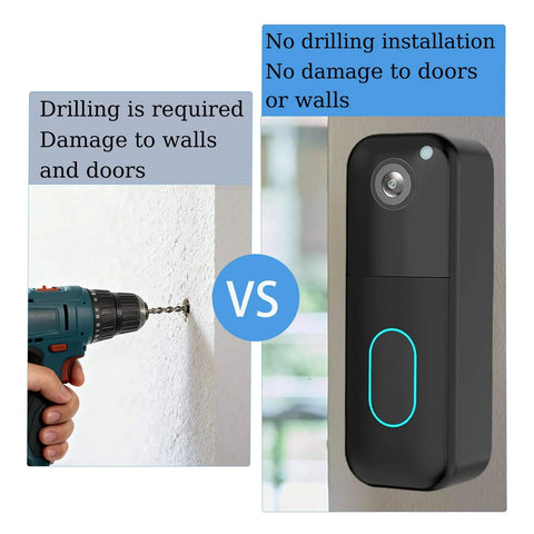 Comparison of drill installation vs Drill-Free Adhesive Mounting Strips For Video Doorbell, 4-Pack, Residue-Free Tape, Easy Tool-Free Install.