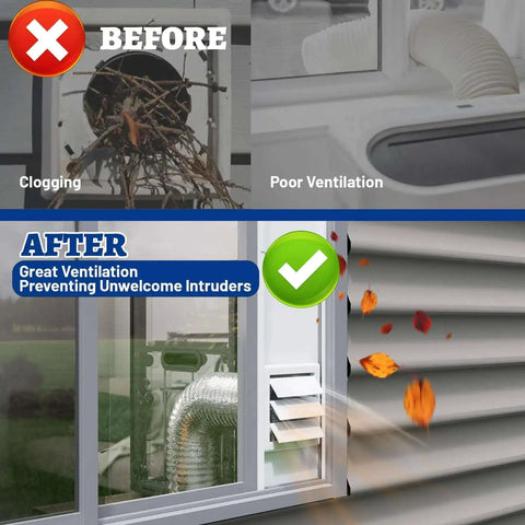 Before and after comparison showing Window Vent Kit With Louvered Cover For 3 Inch And 4 Inch Vent Hose improving ventilation
