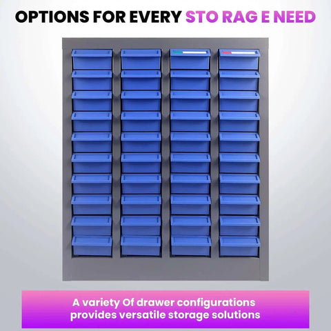 40 Drawer Parts Cabinet With ABS Drawers And Dividers, Pro Grade Heavy Duty Steel Bolt Organizer shown with blue drawers in front view
