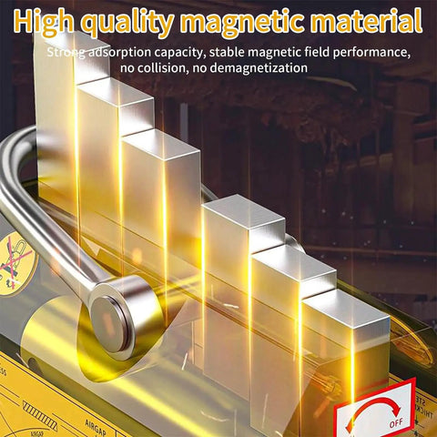 Permanent magnetic lifter with release, 440 lb, front view lifting steel plates; gold-colored stacked blocks