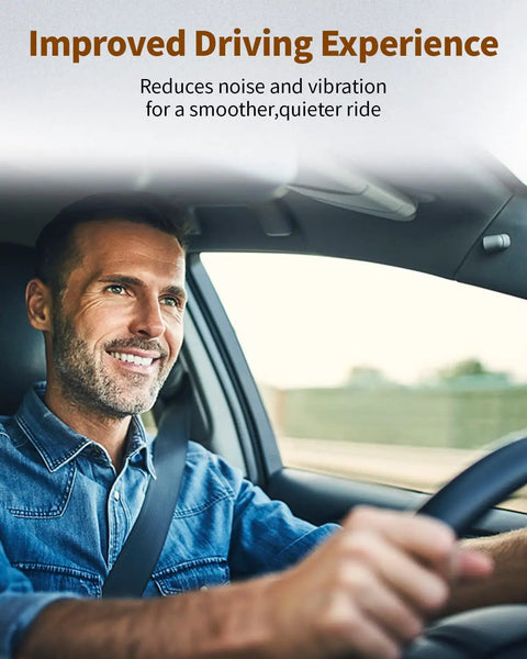 Man driving car with text 'Improved Driving Experience' highlighting noise reduction and smoother ride benefits.