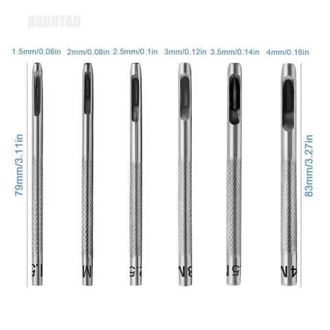 6 Piece Hollow Leather Hole Punch Set For Belts And Watch Bands, showing six carbon steel punches with size measurements