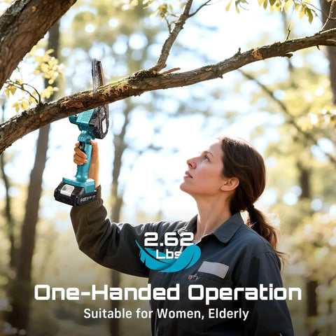 Person using Six Inch Cordless Mini Chainsaw With Two Batteries Portable Electric Chainsaw For Tree Trimming And Wood Cutting