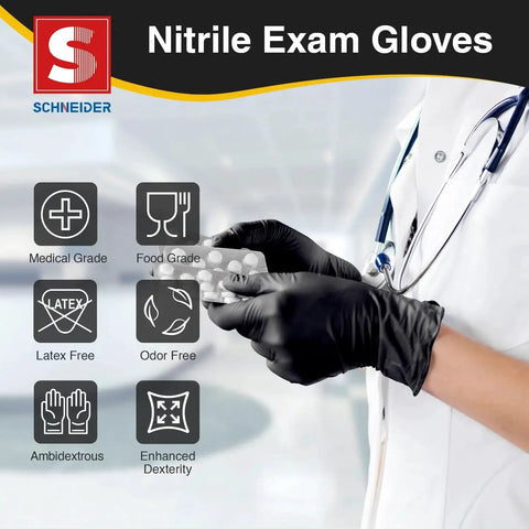 Nitrile Exam Gloves Latex Free Powder Free Disposable For Medical Use held by a doctor, medical icons visible in background.