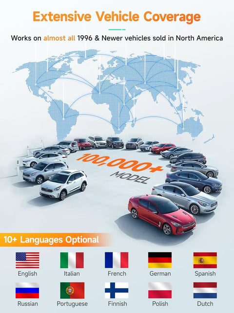 Image showing extensive vehicle coverage for Enhanced OBD2 Scanner For Check Engine Light Reads Codes Fast With ANCEL AD410, multiple vehicles displayed.