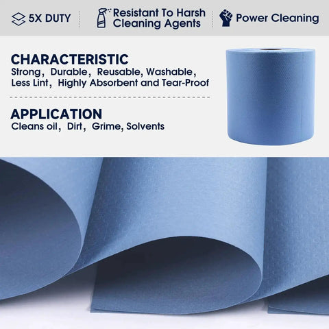 Heavy Duty Pro Grade Shop Towels Jumbo Roll With 475 Absorbent Blue Cloth Sheets for oil and dirt cleanup in workshops.