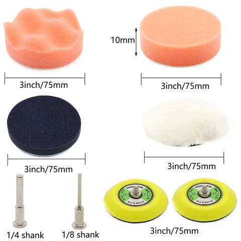 All In One 3 Inch Sanding Discs Set For Rotary Tools With Headlight Restoration Kit, foam pads, wool polish, shank adapters