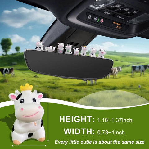 8 Pcs Cute Cow Car Dashboard Ornaments Set For Interior Decor shown on a rearview mirror with size dimensions displayed.