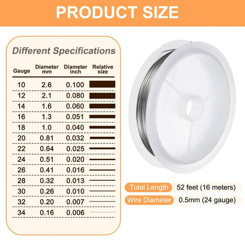 Stainless Steel Craft Wire 52 Ft 24 Gauge Silver For Jewelry Making And Beading Tarnish Resistant Tough Wrapping Wire For DIY Jewelry Projects And Repairs size chart showing gauge and diameter specifications.