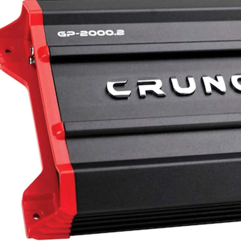 GP2000 2000W 2 Channel Car Amplifier with Beefy Bridged Mono 4 Ohms, close-up view showing label and design details