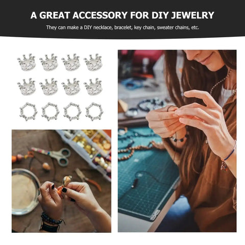 Crafting with 50 Piece King Crown Charms 3D Mini Alloy Beads for DIY jewelry making, vintage style spacers in silver tone, at a craft table.