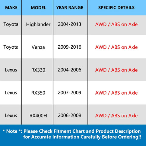Fitment chart for Pair AWD Rear Wheel Hub Bearing Assembly Fits Toyota Highlander 2004-2013, Venza 2009-2016, Lexus RX330 2004-2006, RX350 2007-2009, RX400H 2006-2008