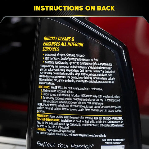 Back view of Meguiar's 16 Oz All Surface Interior Detailer That Cleans Plastics Vinyl Leather And Rubber With No Greasy Residue And Sun Blocking Protection instructions.