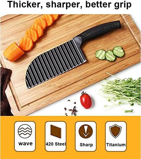 Crinkle Potato Cutter Must Have 11.8 Inch Long By 2.9 Inch Wide Stainless Steel Wave Slicer For French Fries Handheld Chopper For Vegetables And Fruits Wavy Blade Cutting Tool For Home Kitchen Black on cutting board with sliced vegetables, showcasing wavy blade.