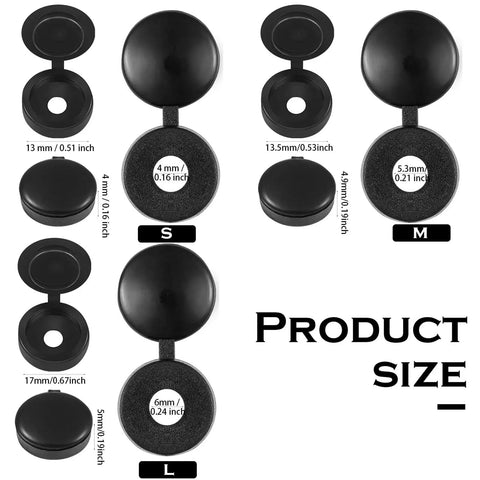 Hinged Plastic Screw Cover Caps With Shutter Fold Design, Snap On Washer Flip Tops Small Black 100 Pack, shown in sizes S/M/L.