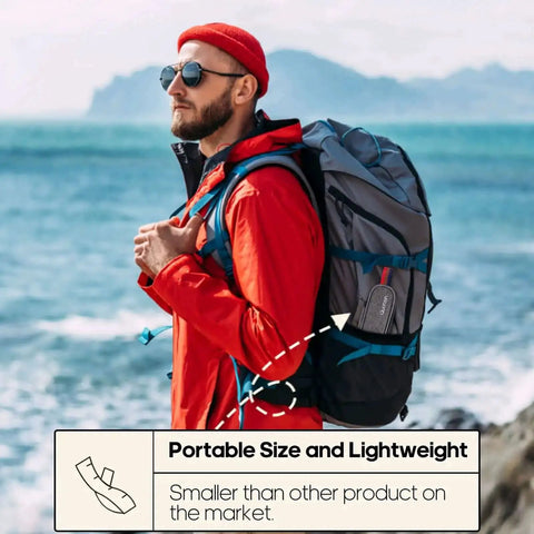 Man hiking by the sea with a backpack containing a Portable Stainless Steel Travel Utensil Set With Case Reusable Fork And Spoon.