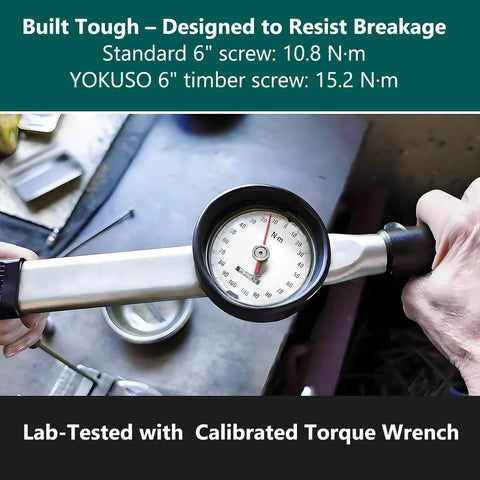Lab test showing torque wrench on 6" timber screw, with strength comparison to standard screw
