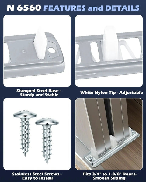 Sliding Closet Door Floor Guide Kit 8 Pack With Stamped Steel Base And Adjustable White Nylon Tips Fits Doors 3/4 To 1-3/8 Inch