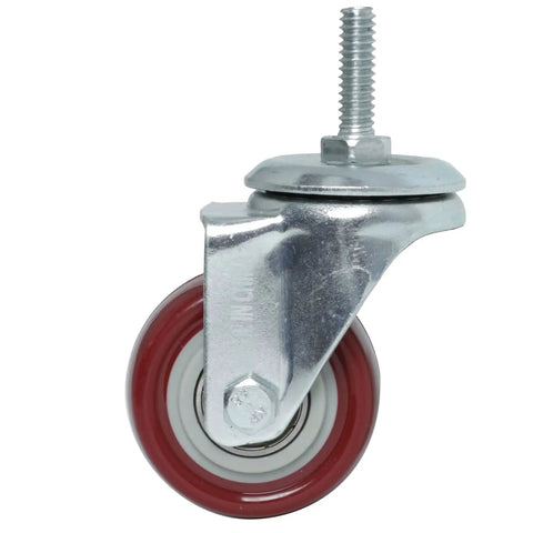 2 Inch Swivel Caster Wheels 4 Pack With Threaded Stem Heavy PU 800 Lb, single swivel caster with red polyurethane wheel and metal housing