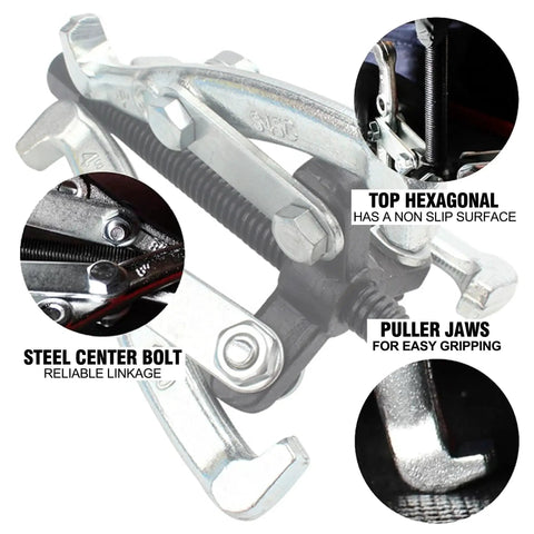 Close-up of three jaw gear puller tool set with reversible jaws for bearing and pulley removal, highlighting steel center bolt and puller jaws.