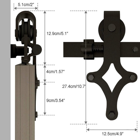 Close-up view of the 11 Ft Sliding Barn Door Hardware Track Kit With Floor Guide, showing measurements and black steel materials.