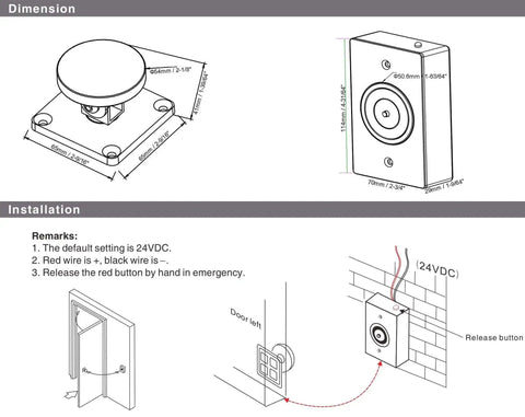 Diagram of Emergency Smokeproof Electromagnetic Door Holder American Type Flush Wall Mount, installation and dimensions shown.