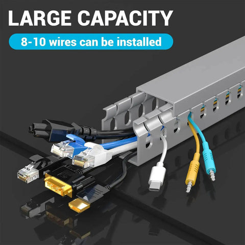 Open Slot Cable Duct Kit 62.8 Inches Four Pack Cable Management Raceway holding HDMI, Ethernet, VGA cables connected under desk.