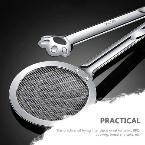 Stainless Steel Oil Strainer Spoon And Frying Oil Filter Clamp With 304 Claw Design, close-up view showing mesh and clamp detail.