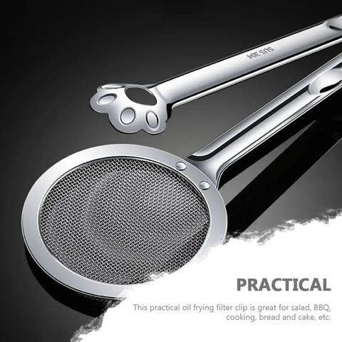 Stainless Steel Oil Strainer Spoon And Frying Oil Filter Clamp With 304 Claw Design for kitchen use shown on a dark background