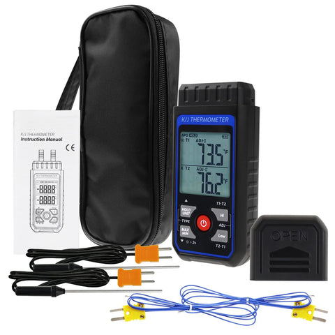 Amazon dual-channel K/J thermometer with 4 K-type probes, backlit LCD, data hold, MAX/MIN/AVG case