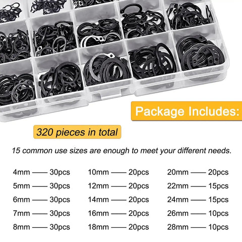 320Pcs External Snap Rings Kit 4mm To 28mm Alloy Steel C Clips 15 Sizes Heavy Duty Retaining Ring Assortment For Mechanical Automotive DIY Projects Black Finish in storage case