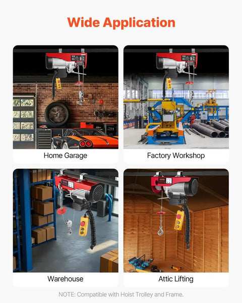 Electric Hoist 880 Lb Capacity With 14 Ft 110V Wired Remote And 20 To 40 Ft Lift in various applications including garage, factory, warehouse, and attic.