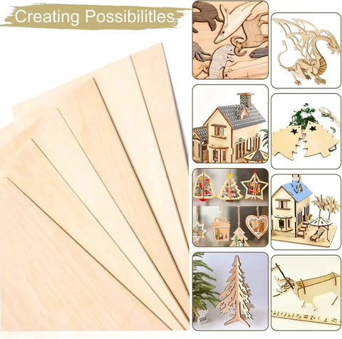 20 Pack 4x8 Inch Basswood Sheets One Eighth Inch Thick Unfinished Plywood For Crafts DIY Ornaments Drawing Painting Engraving Staining Model Carving Wood Burning Laser Cutting Perfect For Crafters with examples of crafted items
