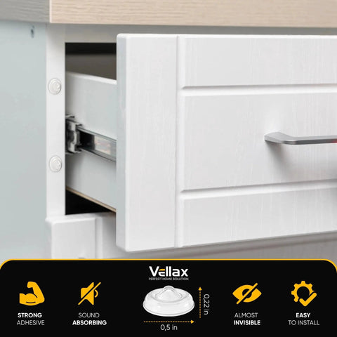 Side view of cabinet with Clear Silicone Bumper Pads 0.5 Self Adhesive Jelly Button Cushions installed near drawer edge.