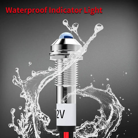 Waterproof Tri Color 12V LED Indicator Light Kit with metal housing and wire leads, shown with water splash, for dashboards, cars, boats.