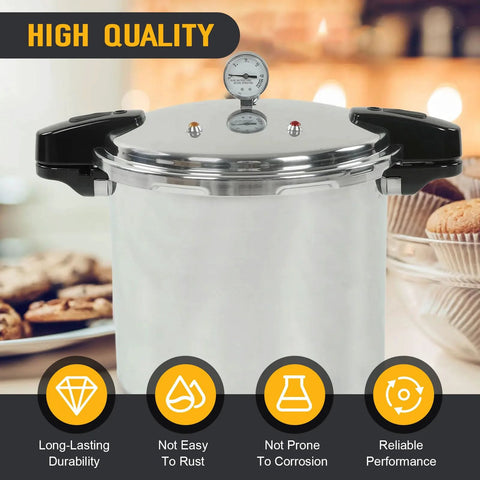Pressure canner with chrome lid, black side handles, and a mounted steam gauge on top.
