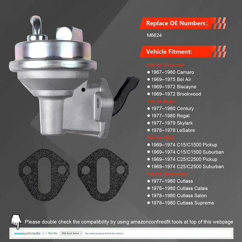 Drop-In High-Flow Mechanical Fuel Pump 35 GPH 7.5-9.5 PSI For Chevy Small Block SBC 305 327 350 V8 with gaskets and specifications.