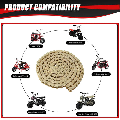 Gold 140 Link Drive Chain With Chain Breaker Tool, For Predator 79cc 97cc 100cc Engines, and Coleman CT100U CC100X RB100 Mini Bike Go Kart Parts, displayed with compatibility chart for Monster Moto Motovox Baja Doodle Bug DB30 Mega Moto MMB80 MMB105 models