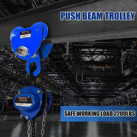 Manually Operated 1 Ton Push Beam Trolley For Beams With 2200 Lbs Capacity installed on I-beam in warehouse
