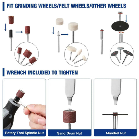 All Purpose Rotary Tool Accessories Kit With 476 Pieces including grinding and felt wheels, and nuts with wrench.