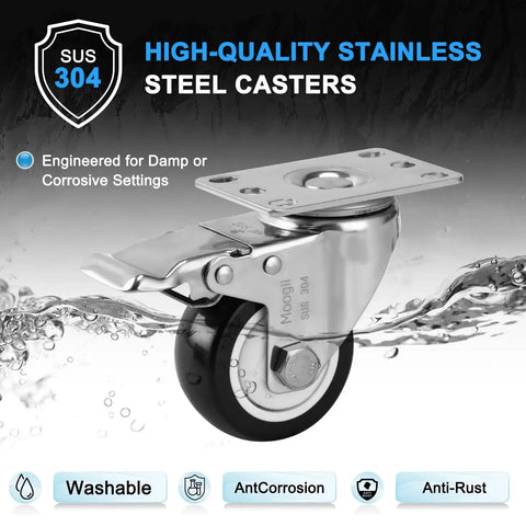 Moogiitools 304 stainless steel caster wheel with brake, 2-inch PU wheel; anti-corrosion industrial caster