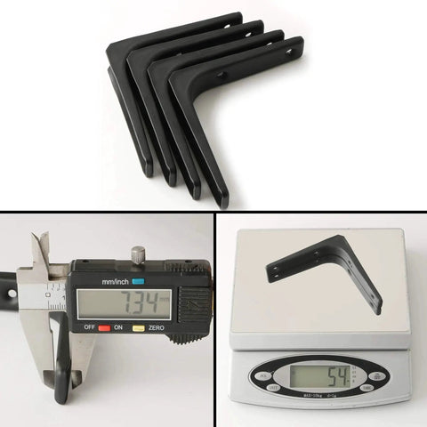 4 Pack Iron Wall Shelf Brackets 4 x 4 Inch Heavy Duty Shelf Support And Joint Angle Brackets Matte Black with weight and size measurements