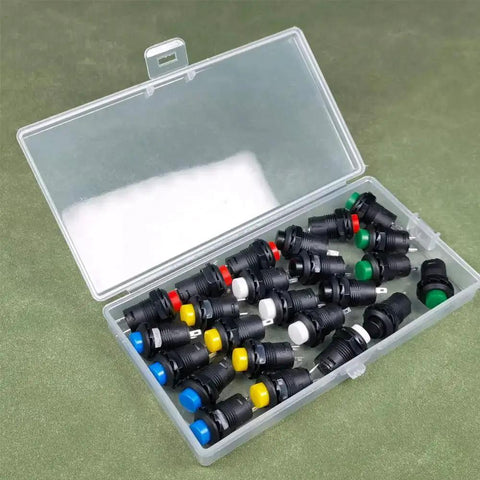 24 Pack 12mm Momentary Push Button Switch SPST On Off AC 250V 1.5A 125V 3A Lockless Mini Round Button Kit with 6 colors in a box