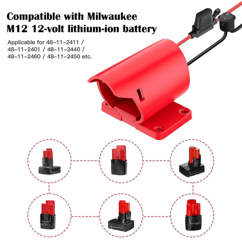 Image of a red 12V Power Wheel Battery Adapter Kit with 30A fuse and 12AWG silicone copper wire for M12 style packs.