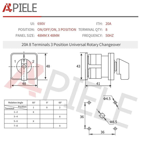Diagram of Heavy Duty Three Position Changeover Selector Switch 440V Universal Rotary Cam Switch for industrial use, 8 terminals.